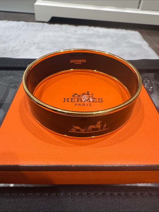 Jewelry - Hermès Enamel Bangle in Dark Brown with Gold Trim